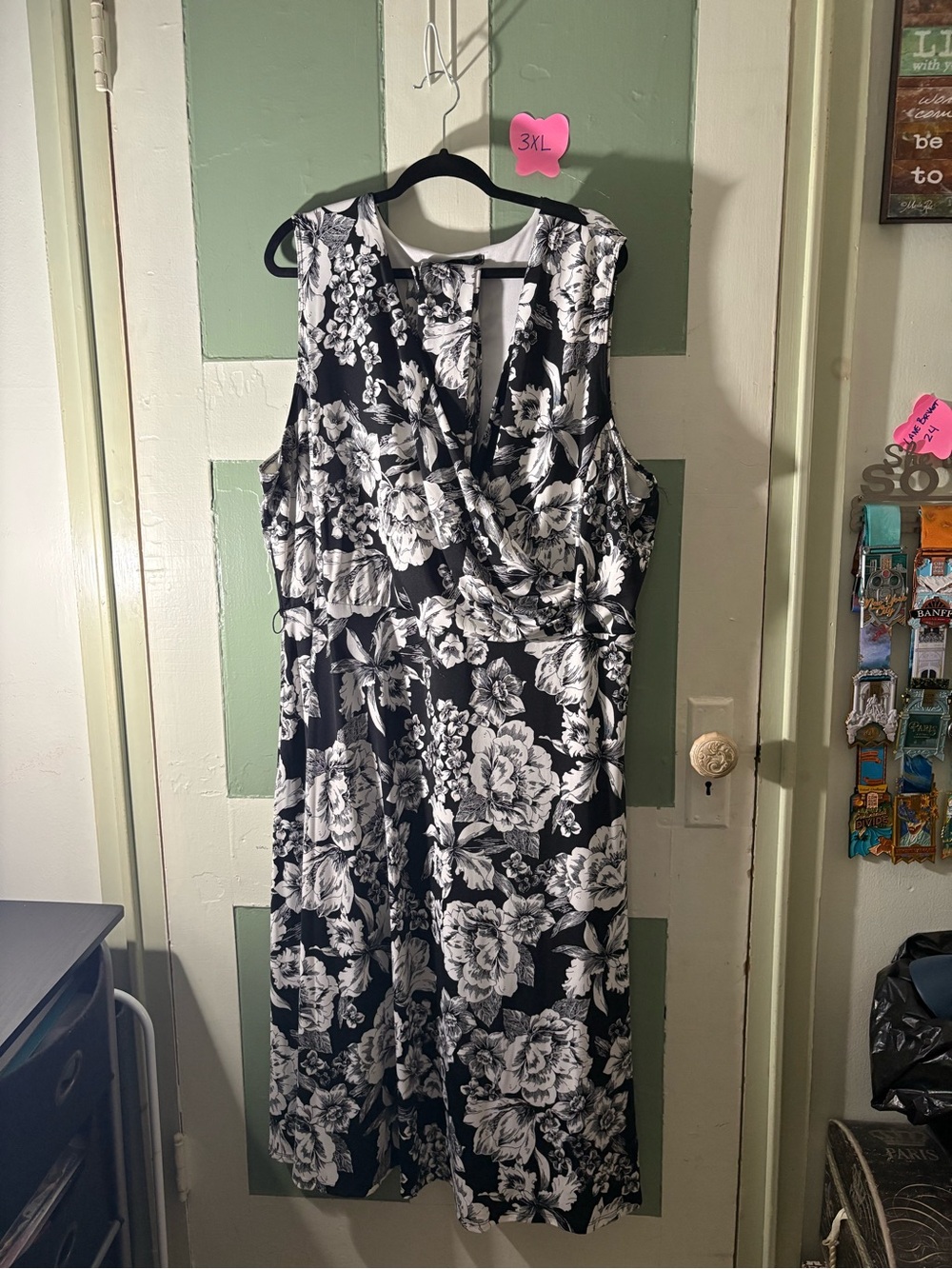 Sleeveless Black & White Floral Wrap Dress w/Belt